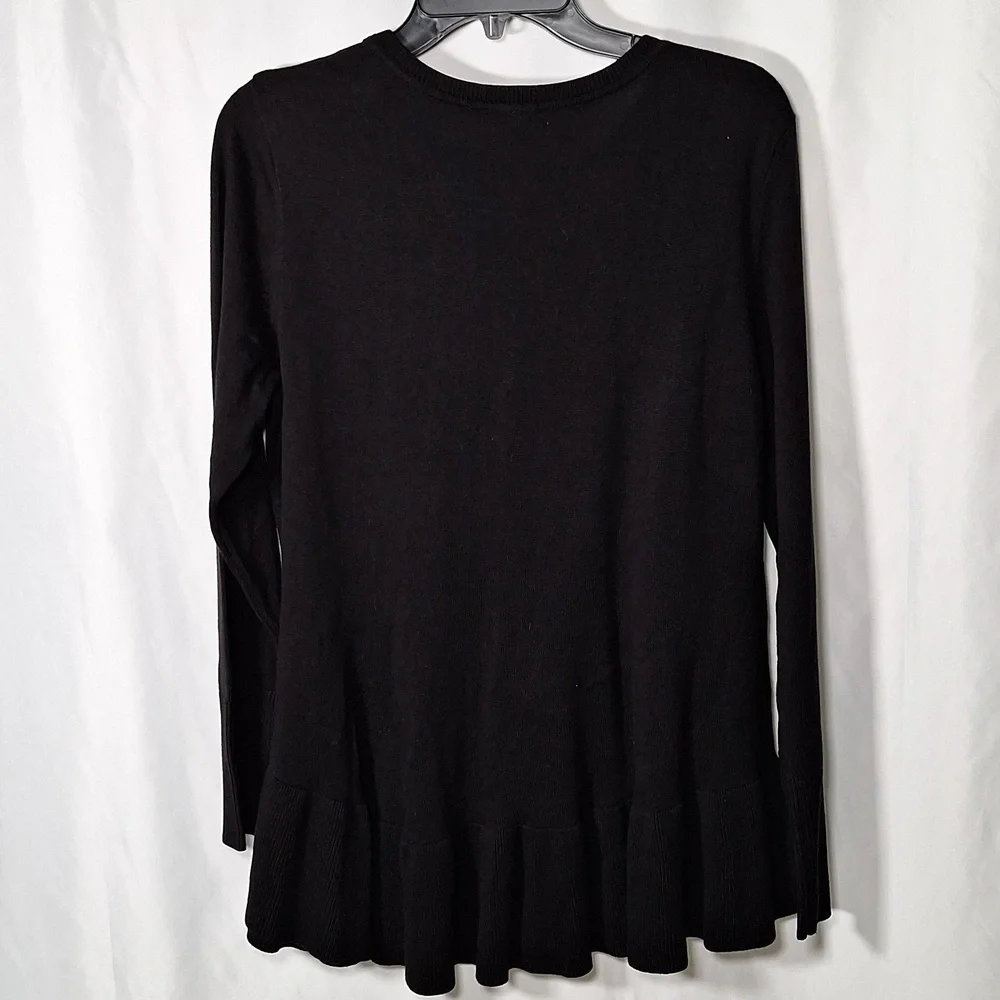💚 Isaac Mizrahi Live Sweater Tunic Top Women's  Black Ruffle Flare Hem